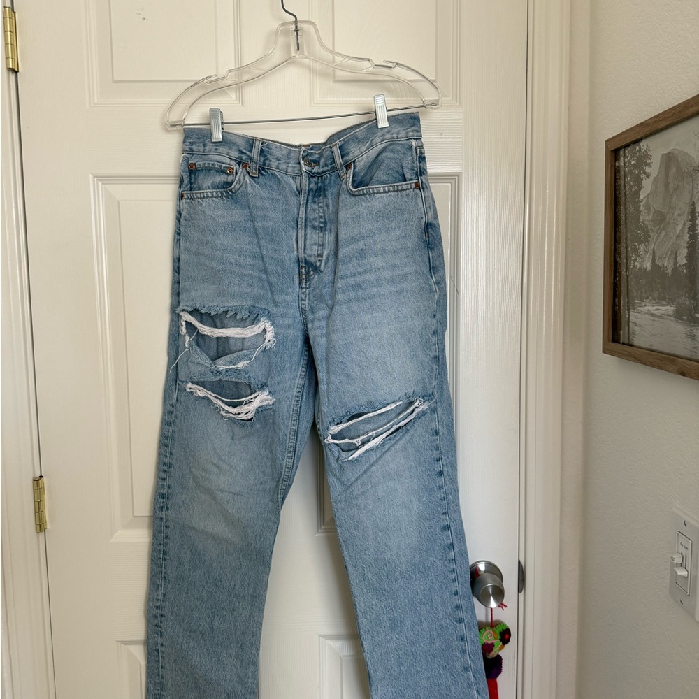 Topshop Light Blue Distressed Straight Leg Jeans